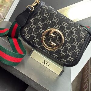 Canvas Crossbody with Gold Logo and Green-Red Strap